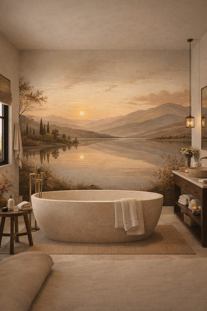 Sand charcoal mountain lake featuring sunset - Wall Mural Peel and Stick Wallpaper for Rustic Modern Luxury Bathroom.