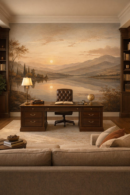 Greige Quiet Luxury mountain lake featuring sunset - Wall Mural Peel and Stick Wallpaper for Quiet Luxury Executive Home Office.
