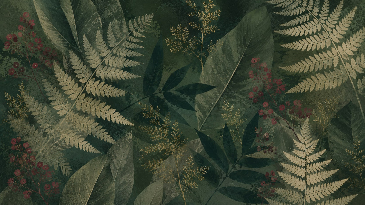 Moody textured Deep Green botanical foliage featuring fern fronds and delicate wildflowers - Wall Mural & Peel and Stick Wallpaper for Illustrated Interiors and Premium Home Styling.