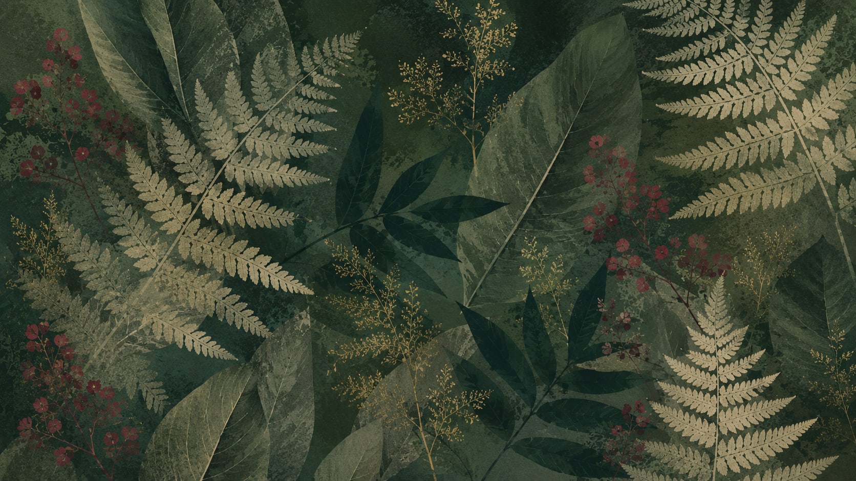 Moody textured Deep Green botanical foliage featuring fern fronds and delicate wildflowers - Wall Mural & Peel and Stick Wallpaper for Illustrated Interiors and Premium Home Styling.