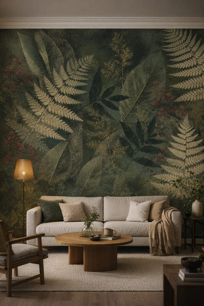 Lush green neutral botanical foliage featuring fern fronds - Wall Mural Peel and Stick Wallpaper for Biophilic Design Living Room.