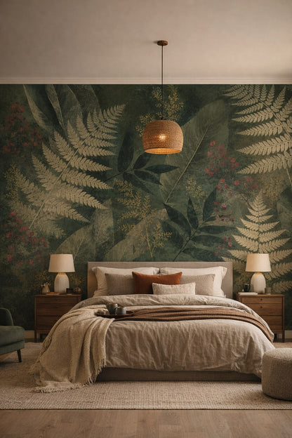 Olive cream botanical foliage featuring fern fronds - Wall Mural Peel and Stick Wallpaper for Organic Modern Master Bedroom.