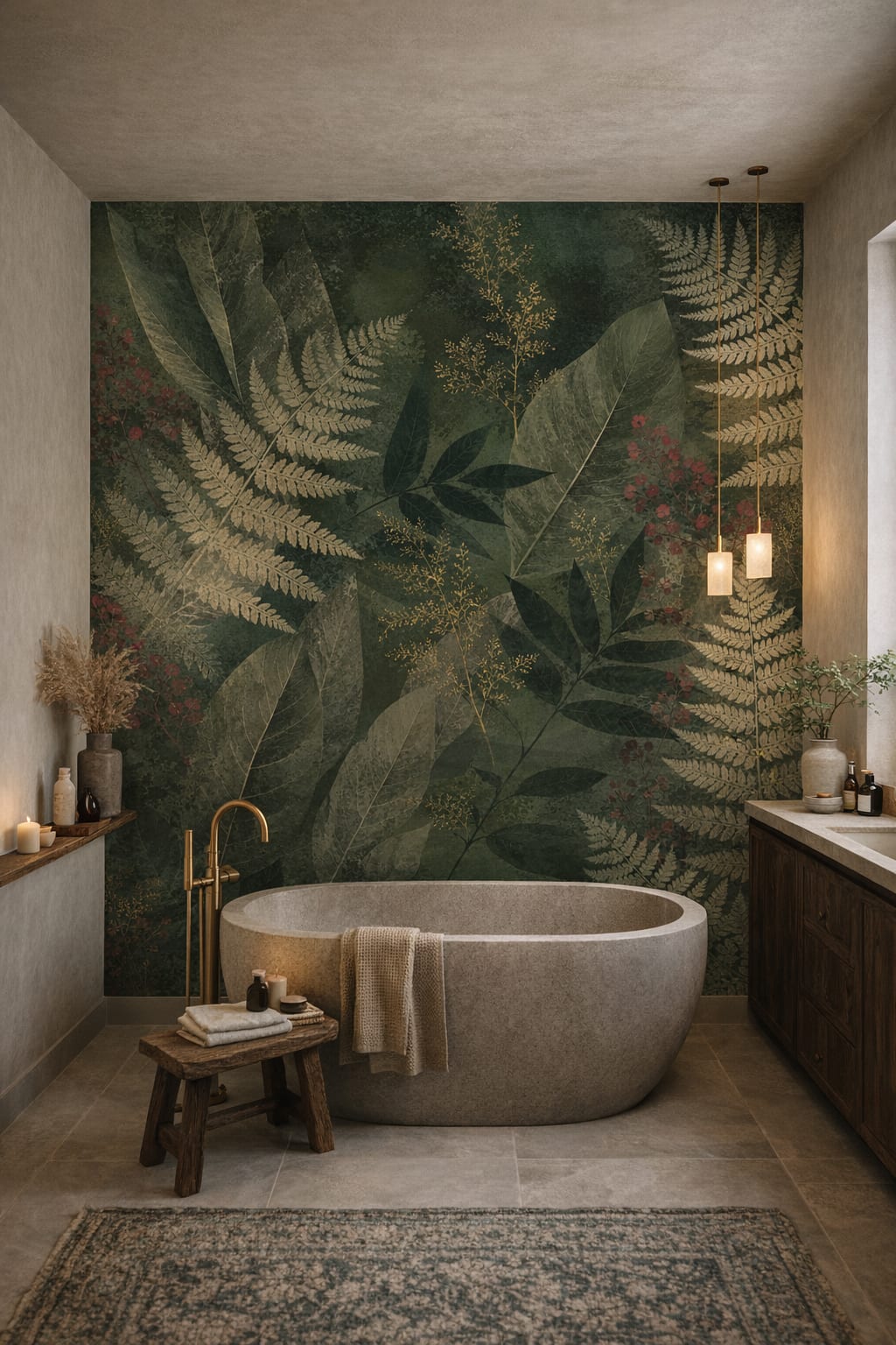 Wabi-sabi muted earth-tone botanical foliage featuring fern fronds - Wall Mural Peel and Stick Wallpaper for Wabi-sabi Luxury Bathroom.