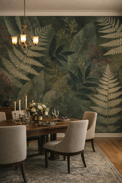 Art Nouveau green botanical foliage featuring fern fronds - Wall Mural Peel and Stick Wallpaper for Art Nouveau Formal Dining Room.