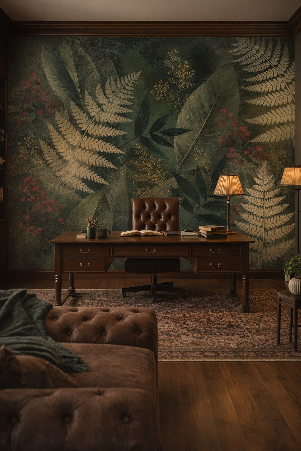 Dark green brown botanical foliage featuring fern fronds - Wall Mural Peel and Stick Wallpaper for Dark Academia Executive Home Office.