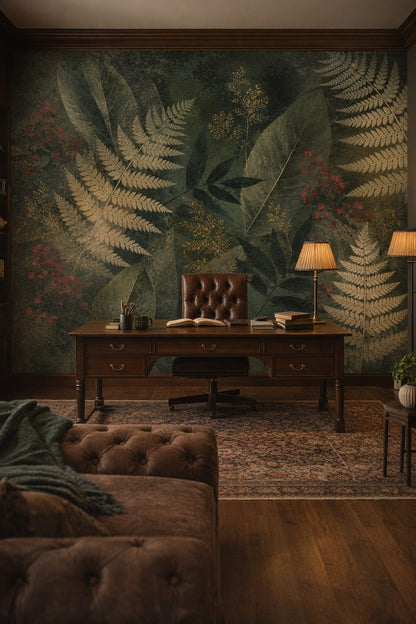 Dark green brown botanical foliage featuring fern fronds - Wall Mural Peel and Stick Wallpaper for Dark Academia Executive Home Office.