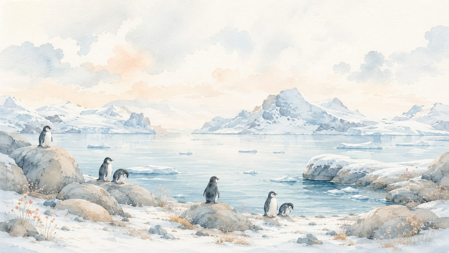 Gentle whimsical Ice Blue penguin featuring arctic landscape and icebergs - Wall Mural & Peel and Stick Wallpaper for Watercolor Nursery or Kids Room