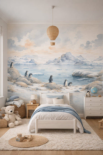 Sky blue Coastal Kids penguin featuring icebergs - Wall Mural Peel and Stick Wallpaper for Coastal Kids Kids Bedroom.