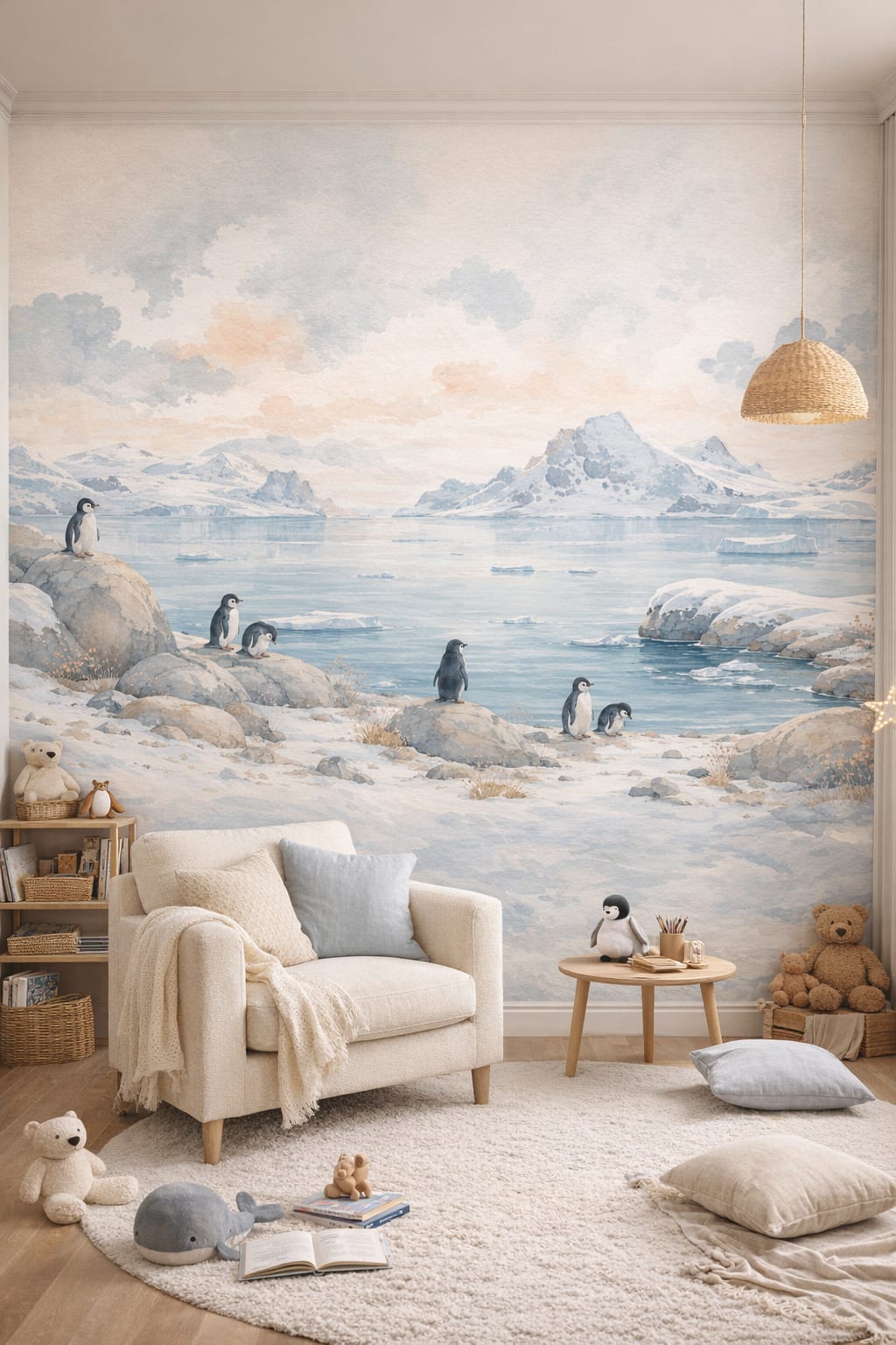 Scandi Kids white penguin featuring icebergs - Wall Mural Peel and Stick Wallpaper for Scandi Kids Reading Corner.