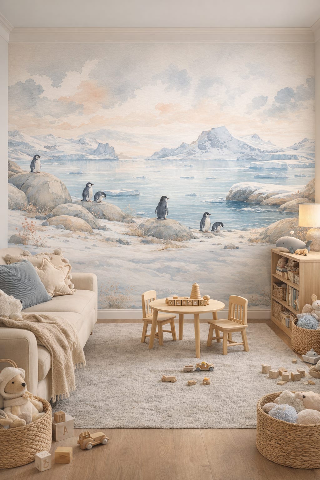 Classic Storybook dusty rose penguin featuring icebergs - Wall Mural Peel and Stick Wallpaper for Classic Storybook Playroom.