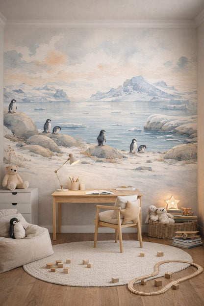 Gray light wood penguin featuring arctic landscape - Wall Mural Peel and Stick Wallpaper for Gender-Neutral Contemporary Homework / Study Corner.