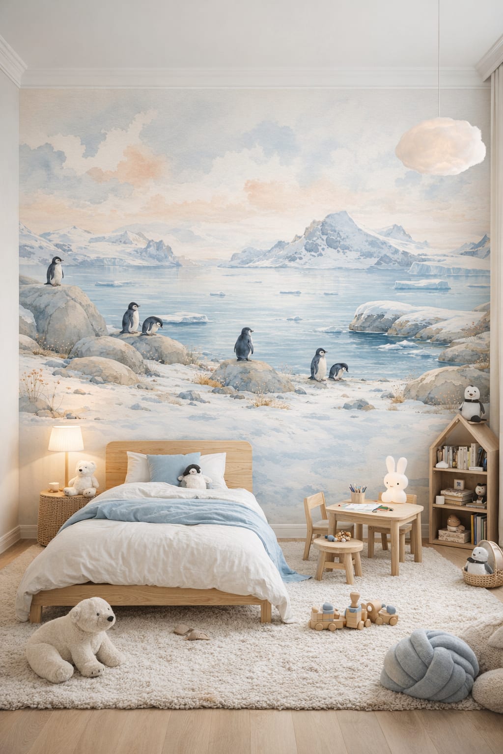 Neutral blue Modern Montessori penguin featuring arctic landscape - Wall Mural Peel and Stick Wallpaper for Modern Montessori Kids Bedroom.