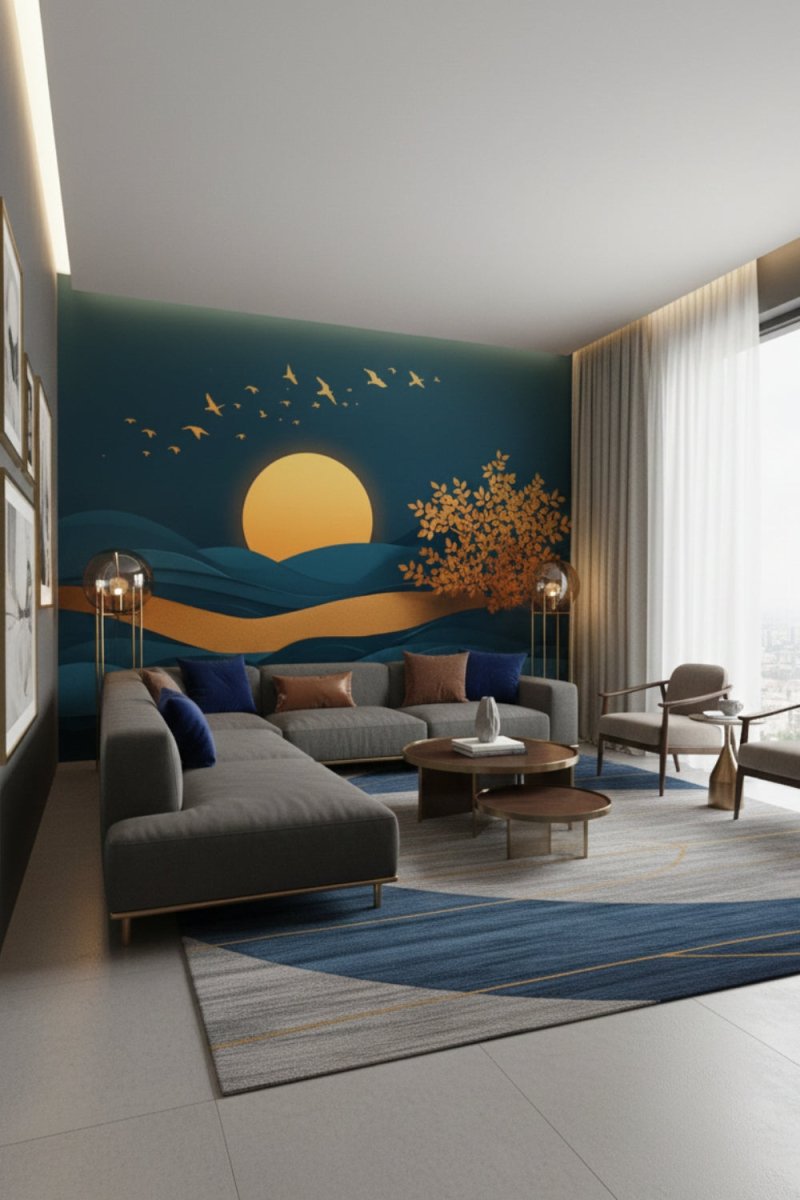 Golden Dusk Blue - Artistic Landscape Accent Wall Mural Wallpaper - Recoat