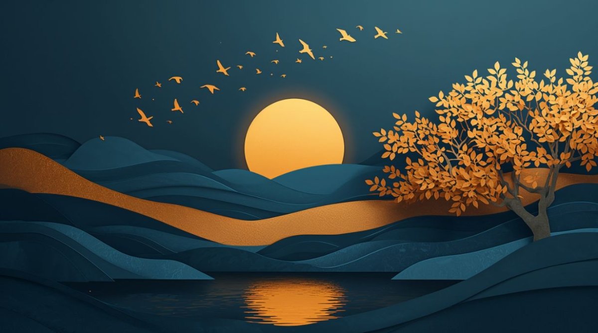 Golden Dusk Blue - Artistic Landscape Accent Wall Mural Wallpaper - Recoat