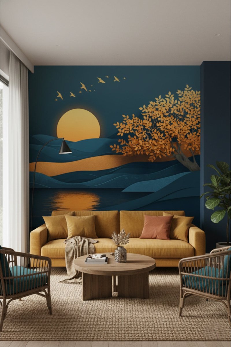 Golden Dusk Blue - Artistic Landscape Accent Wall Mural Wallpaper - Recoat