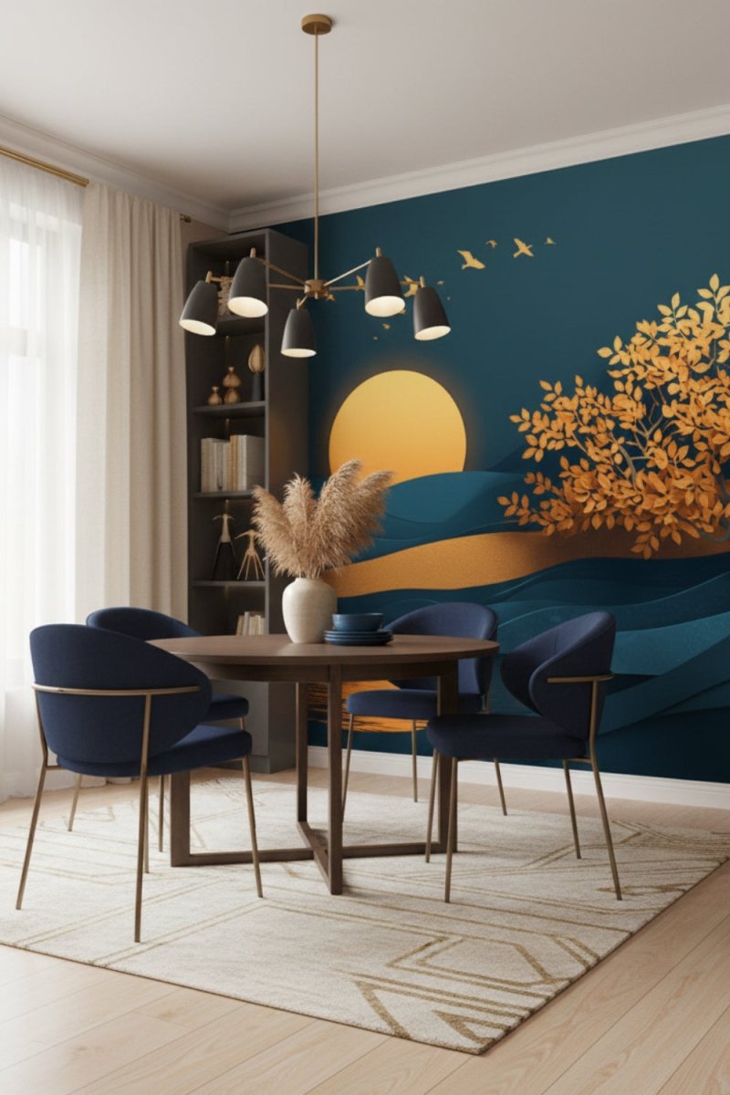 Golden Dusk Blue - Artistic Landscape Accent Wall Mural Wallpaper - Recoat
