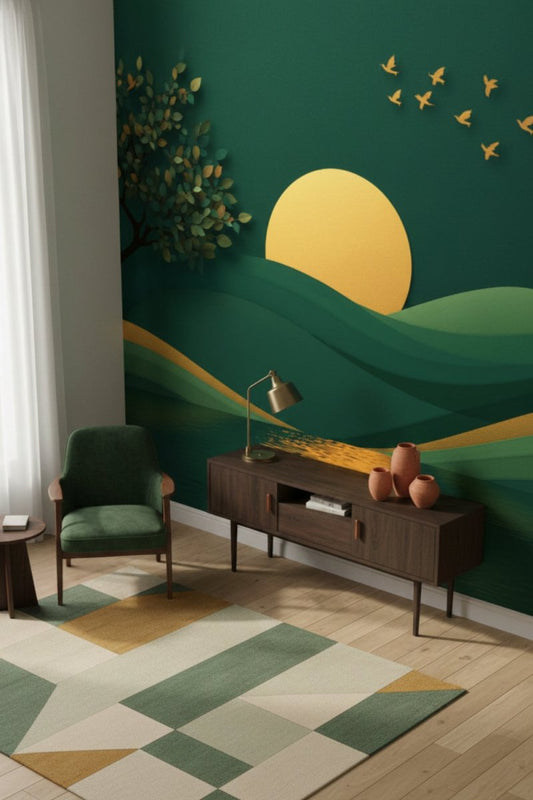 Golden Emerald - Artistic Landscape Accent Wall Mural Wallpaper - Recoat
