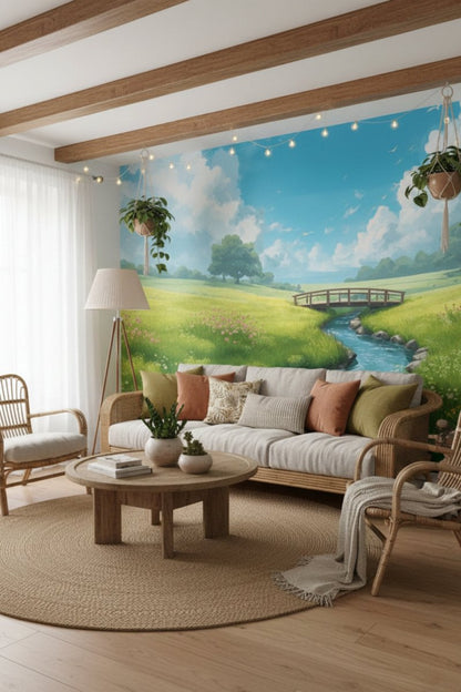 Green Meadows - Whimsical Valley Accent Wall Mural Wallpaper - Recoat