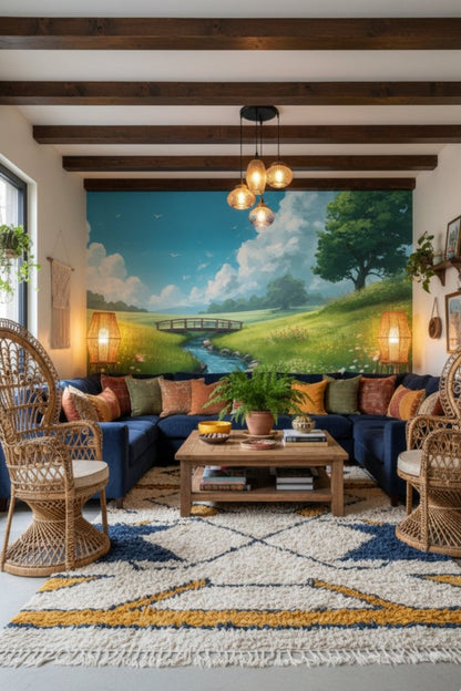 Green Meadows - Whimsical Valley Accent Wall Mural Wallpaper - Recoat