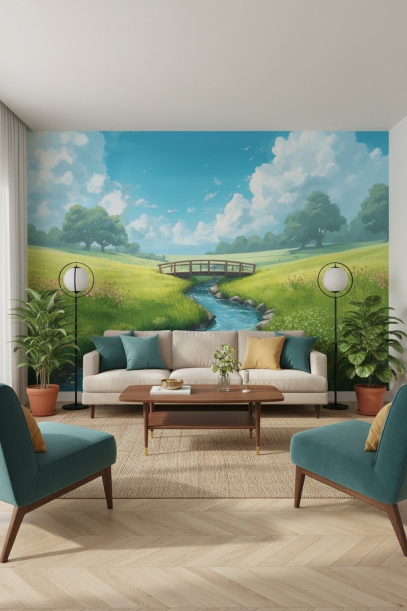 Green Meadows - Whimsical Valley Accent Wall Mural Wallpaper - Recoat