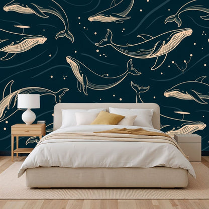 Midnight Whales Pattern - Vintage Whale Accent Wall Mural Wallpaper - Recoat