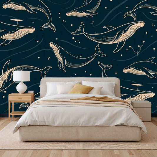 Midnight Whales Pattern - Vintage Whale Accent Wall Mural Wallpaper - Recoat