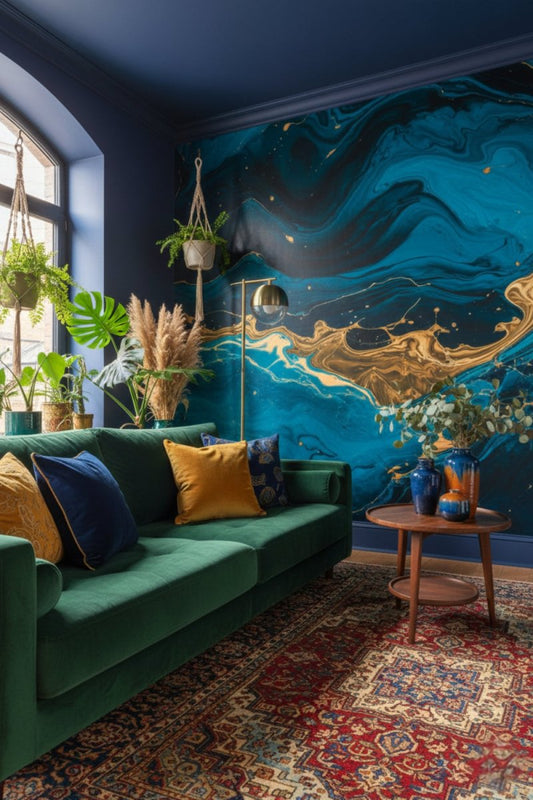 Ocean's Gold - Blue Abstract Accent Wall Mural Wallpaper - Recoat