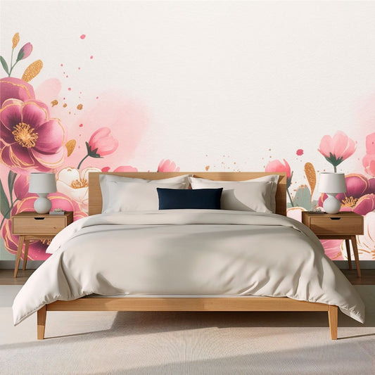 Petal Whisper - Gold & Pink Floral Accent Wall Mural Wallpaper - Recoat