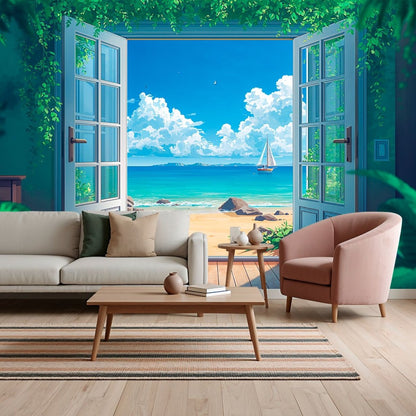Seaside Gate - Window View Accent Wall Mural Wallpaper - Recoat