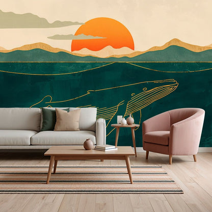 Whale Waves - Minimalist Whale Accent Wall Mural Wallpaper - Recoat